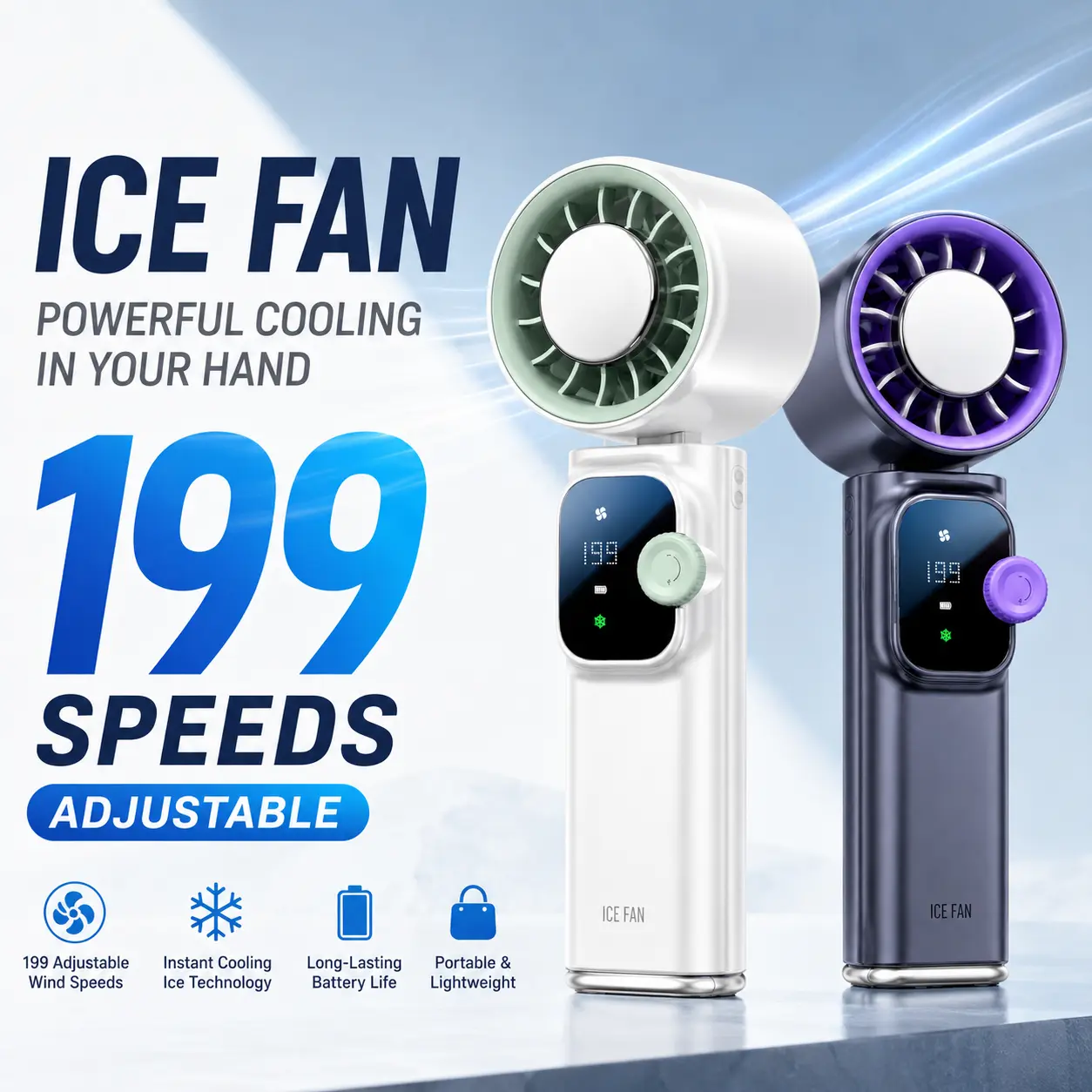 Portable handheld turbo fan with 199 adjustable wind speeds, neck-hanging design, 3-in-1 foldable construction, equipped with a high-definition display, supports USB-C charging—an ideal choice for summer travel, outdoor activities, the beach, indoor use,