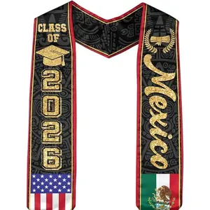 Mexico Graduation Stole Personalized Dual Flag, Custom Senior Sash with Name School Year, Cultural Class of Stole Gift for Ceremony