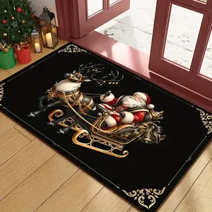 Christmas Gold Reindeer Print Welcome Mat, Holiday Home Decor Entryway Rug, Santa Design Soft Comfortable Easy Clean Carpet