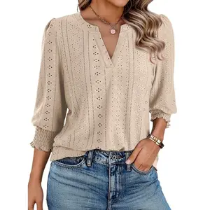 Dokotoo 3/4 Length Sleeve Womens Tops Dressy Casual V Neck Cute T-Shirts Hollow Out Blouses