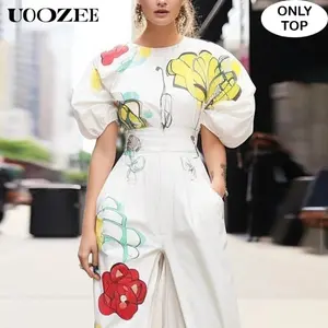 UOOZEE Women's New Spring Summer Flower Print Round-neck Crop Blouses(Top Only), Half Sleeves Puff Sleeves Elasticity Pleated Streetwear Shirts & Blouses Tops