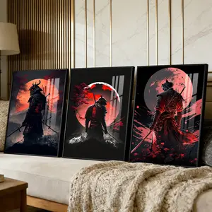 3 Counts Aluminum Alloy Framed Painting, Samurai Warriors Under Red Moon Artwork, Home Decoration For Living Room, Bedroom, Office, Restaurant, Hallway Wall Decor, Odorless Print Artwork, Luxury Perfect Gift For Friends And Family