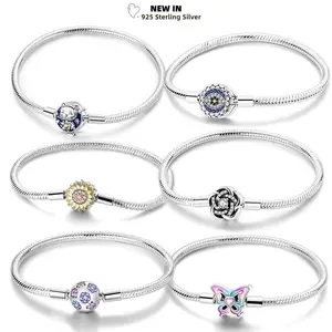 Retro 925 Silver Original Bracelets Star Sunflower Butterfly Luminou Cat Colorful AAA Zircon Snake Bone Chain Charms DIY Jewelry