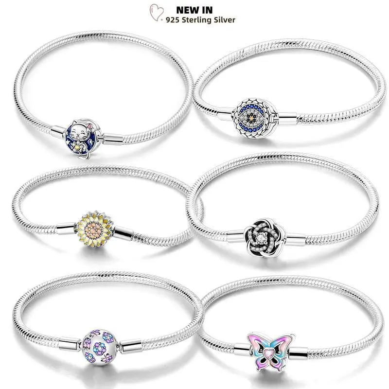 925 Sterling Silver Charm Bracelet, Retro DIY Snake Chain with Collectible Luminous Cat, Star & Colorful AAA Zircon Charms, Collectibles