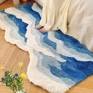 Blue Sea Pattern Tufted Rug Funny Japanese Style Tufting Rug Cute Flocking Carpet Floor Pad Anti Slip Doormat Aesthetic Home Pad Fluffy Bedroom Rug