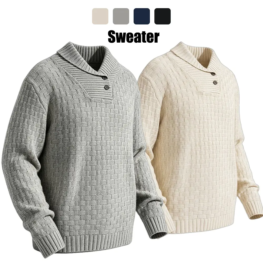 Japanese-style relaxed men’s pullover sweater featuring a 3D check jacquard texture, an elegant asymmetrical lettuce collar and half-button placket, a loose yet well-fitting cut, and a retro, minimalist aesthetic—an autumn/winter knit top that suits commu