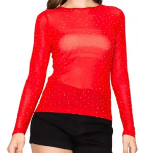 Valentine Collection Rhinestone Embellished Mesh Long Sleeve Knit Top