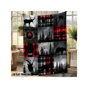 1pc Cozy Rustic Wilderness Quilt Throw Blanket - Soft Flannel Plaid & Forest Animal Print( Deer, Bears, Pine Trees) In Red, Black, White, - All-Season Couch, Bed, Camping Blanket - Farmhouse Cabin Decor Blank Blanket, Bed Blanket,