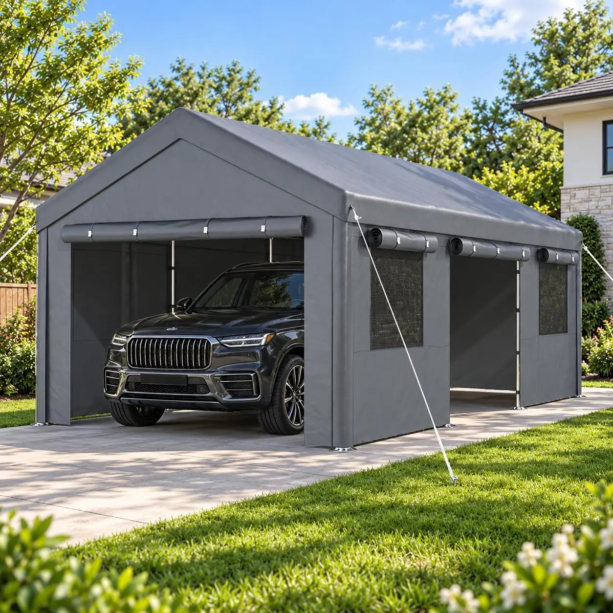 Heavy Duty Car Canopy, Portable Garage with Sidewalls & Side Roll-up Door, Waterproof Outdoor Storage Shed for Cars, Motorcycles & Garden Equipment, Gray,outdoorfurnitureset summerwins ventilation window drainage system