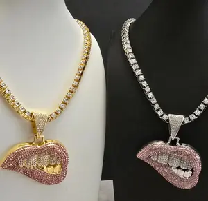 Synthetic Tennis Style Chain Necklace - Yellow/Silver Tone, Pink Bling Lips Kiss Pendant, Lightweight Iced Out Chain Jewelry Necklaces