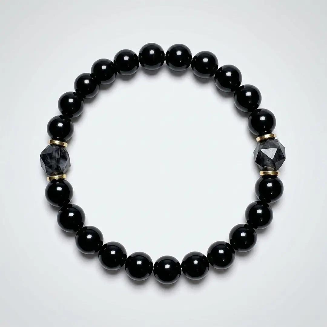 Minimalist Black Obsidian Stretch Bracelet - Polished Round Beads with Faceted Accents, Elastic Cord, Unisex Stacking Everyday Costume Jewelry, Bracelets Stacking, Minimalist Bracelets