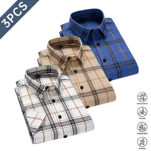 Men’s casual summer short-sleeve shirt, 3-pack plaid fashion top with pockets, turn-down collar, trendy minimalist everyday casual shirt
