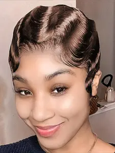 Finger Wave Pixie Cut Wig for Women Curly Wave Wig Halloween Wig Full Machine Made Wig 150% Density 6 Inch