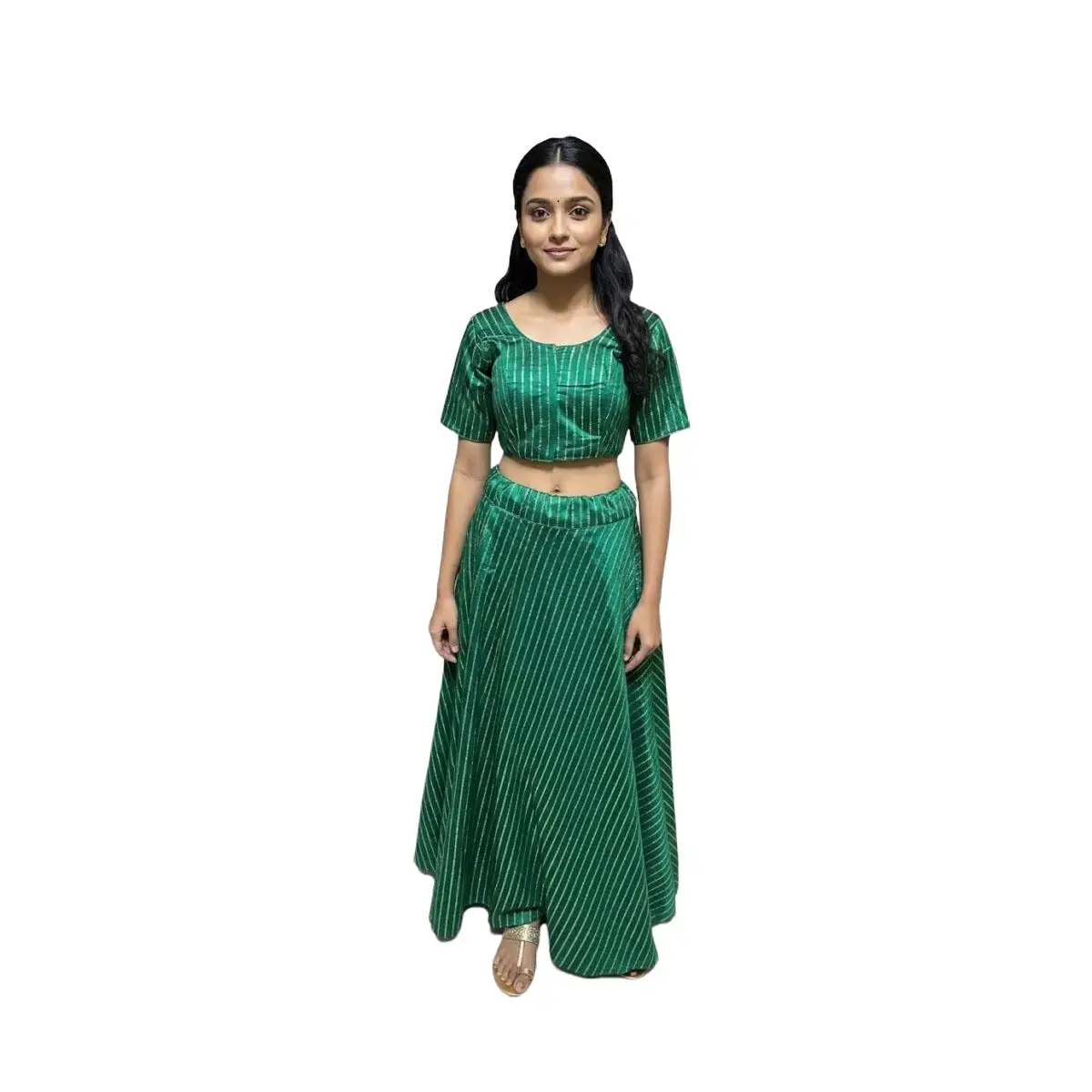 #K51 Stunning Emerald Green & Gold Striped Lehenga Choli Set | Festive Indian Outfit