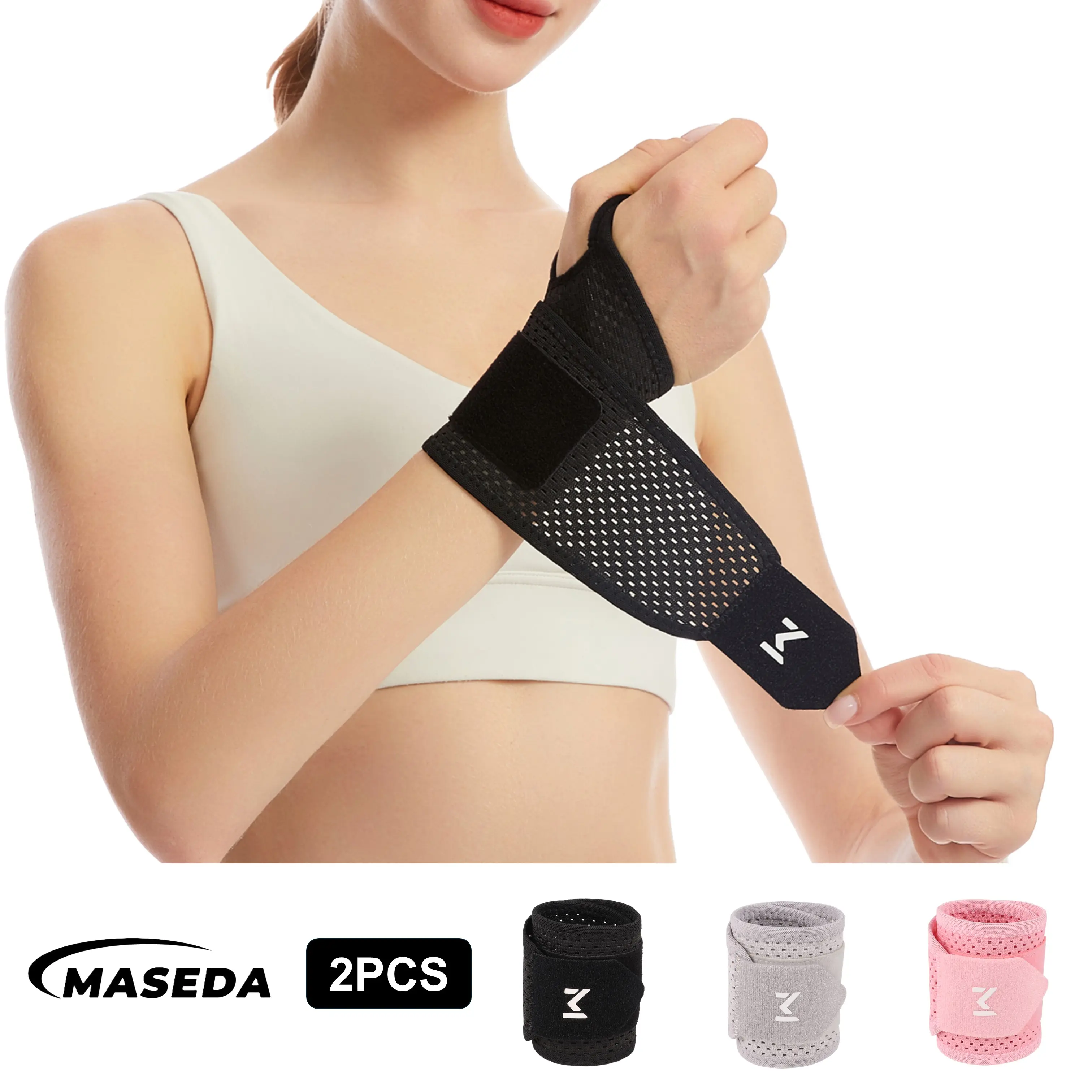 Unisex 2-Pack Adjustable Compression Wrist Supports, Breathable Elastic Sport Wraps for Weightlifting, Gym, 1 Size Fits Most