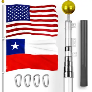 G128 Combo Pack: 25 Ft Telescoping Aluminum Flagpole (Silver) & American and Chile Flags 3x5 Ft, Both ToughWeave Series Embroidered Polyester | Pole with Flags Included