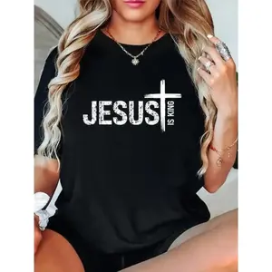 Christian Cross God Loves You Religious Jesus is King T-Shirt Women's Graphic Tees Loose Top 100% Cotton Round Neck Short Sleeves Super Soft Stylish Summer Streetwear Black Crewneck