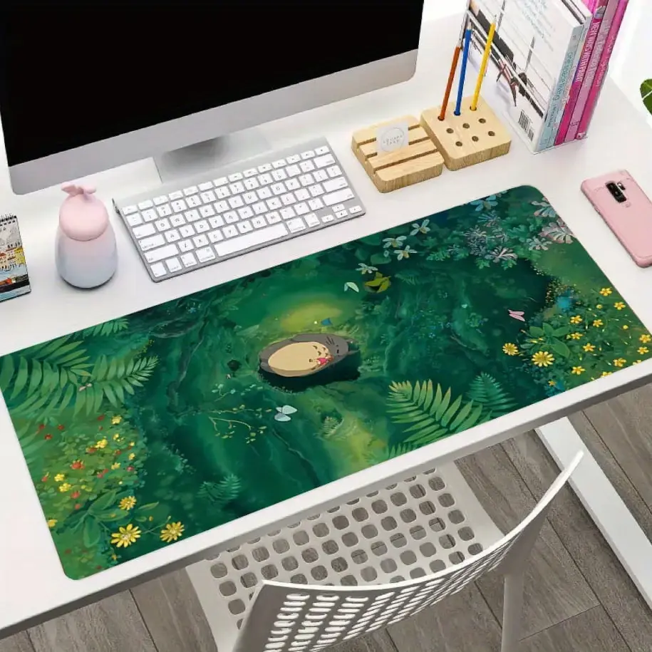Cottage Core Decor Anime Gaming Mouse Pad Large Mousepad, Stitched Edges Cute Funny Anime Cartoon Design Green Desk Mat for Office and Home Use - 31.4*15.7inches