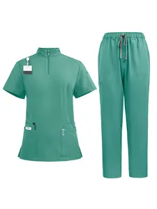 Veterinary and Beauty Salon Men's Care Scrub Set Fitted Stand Up Collar Short Sleeved Uniform Pet Hospital Nurse Workwear Waist Cinching Outerwear and Pants Work Shirts
