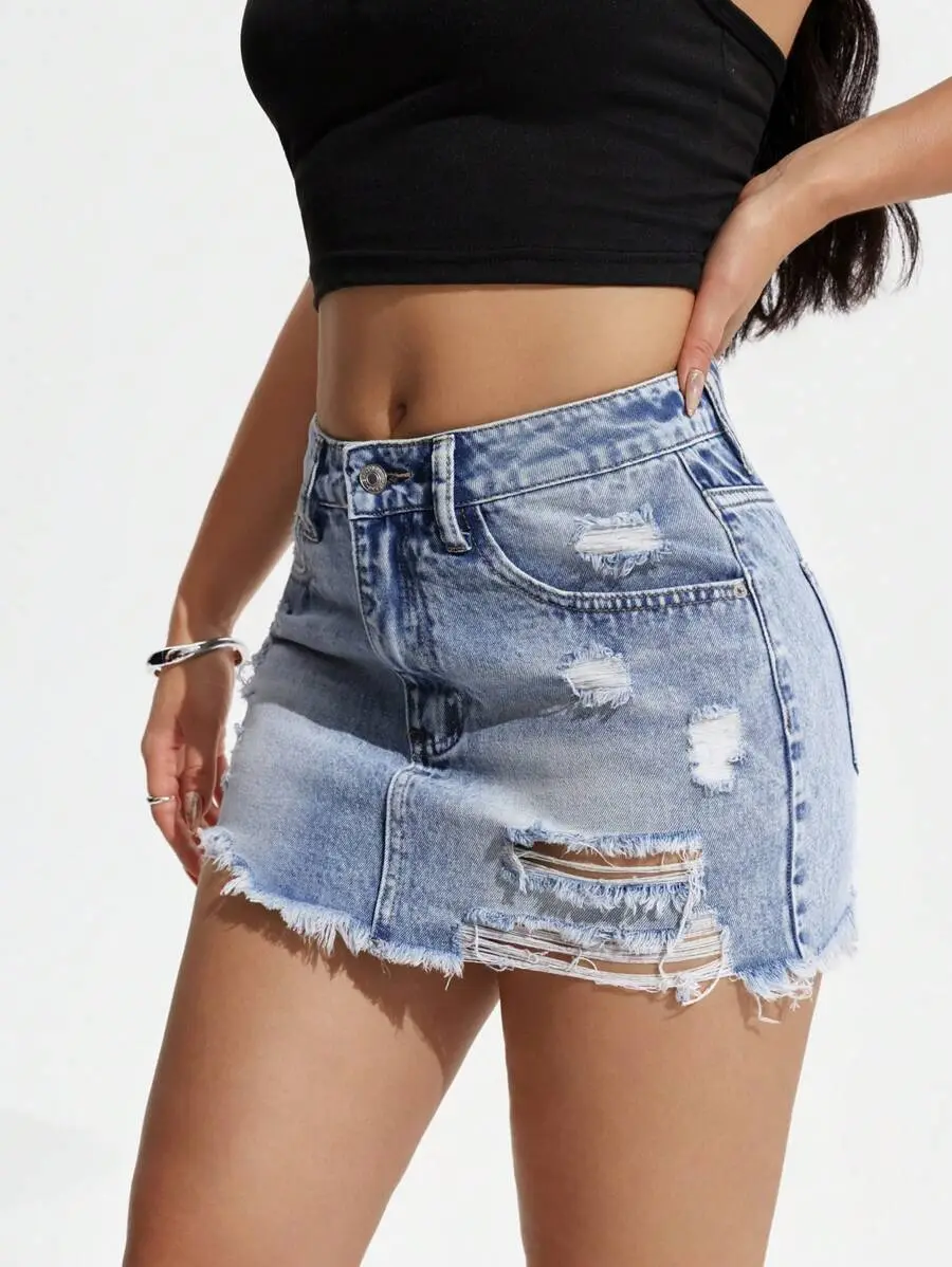 DenimCo Women Pocket Distressed Frayed Hem Casual Denim Pencil Skirt Petite Summer