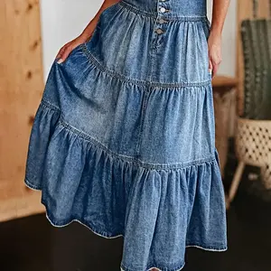 ��Plus Size�� Denim Skirt, Fashion Casual Button Design Skirt for Daily Outdoor Wear, Women Plus Clothing for Summer, Womenswear