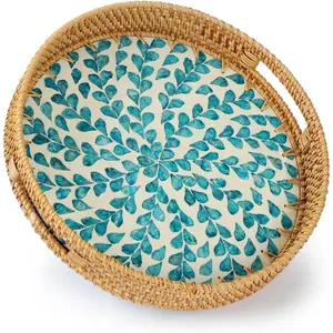 Round Rattan Tray with Handle, Mother of  Inlay Decorative Wicker Basket for Coffee, Bread, Fruits, Serving Tray for  Decor, Blue Clover