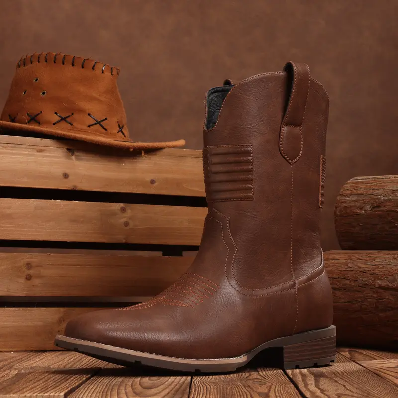 Plus Size Men's Western Cowboy Boots - Square Toe, Wear-Resistant, All-Seasons Pull-On Footwear with Flag, Crosses, Classic Retro American Design, All-Weather Grip, Holiday Country Music Aesthetic, Farm & Western Riding Essential