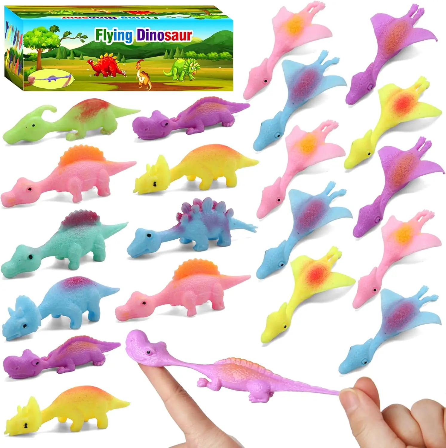 Halloween Fall Gift 20 Pcs Slingshot Dinosaur Finger Toys, Flying Dinosaur Party Favors for Kids, Sticky Rubber Dino Fidget Toys, Funny Gag Gifts Treasure Box Classroom Prizes for Boys Girls