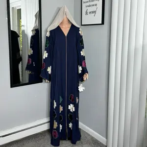 Korean Silk Abaya, Laser-Embroidered, Rhinestone-Embellished, with External Belt and Matching Veil
