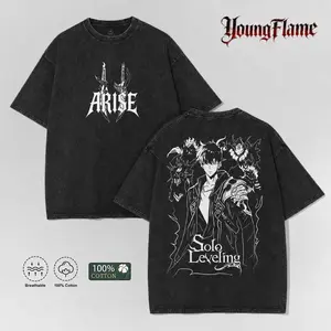 YoungFlame Solo Leveling "ARISE" Oversized T-Shirt | Acid Wash Heavyweight 100% Cotton Graphic Tee | Dark Anime Streetwear Summer 2026 outdoorfun short-sleeved men