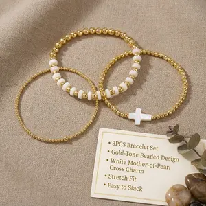 3PCS Gold Tone Beaded Bracelet Set with White Cross Charm, Stretch Stackable Bracelet Set for Women, Faith Jewelry Gift bohemian