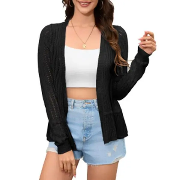 yesfashion Women's Eyelet Knit Open Front Cardigan, Light Soft Acrylic Long Cuff Sleeve Cover Up with Ruffle Hem for Beach & Vacation, Light Soft Women's Cardigans, Lace Ruffle Hem Women's Cardigans