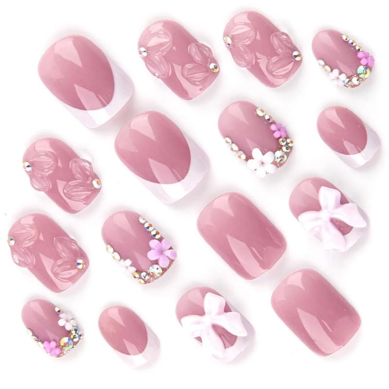 Press on Short Square Fake Nails with 3D Bow Charms Design - Flower False Glue on Cute Acrylic Rhinestone Glossy Full Cover Stick on for Women Manicure - 24Pcs Press on Short Square Fake Nails with 3D Bow Charms Design - Flower False Glue on Cute Acrylic Rhinestone Glossy Full Cover Stick on for Women Manicure - 24Pcs