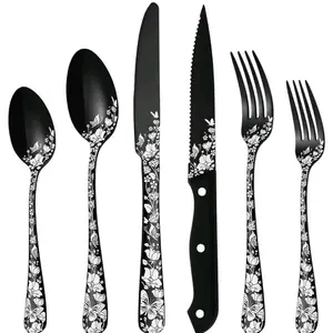SUNDAY MIRTH 24 Pcs Black Floral Silverware with Steak Knives, Stainless Steel Copper Silverware Flatware Cutlery Set for 4, Include Forks Spoons and Knives set, Mirror Polished, Dishwasher Safe Utensils Stylish Tableware Sturdy