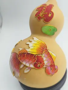 Natural Gourd, Colorful Sand Koi Fish, Attracting Wealth and Fortune, Ensuring Peace and Safety, Handcrafted,  Cloisonné Craftsmanship, Decorative, with Base. Feng Shui Ornament.