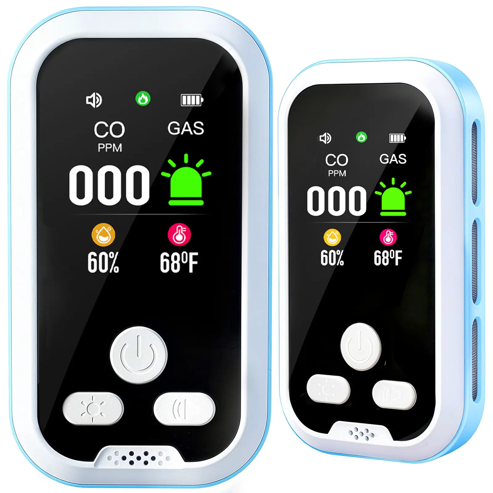 2-Pack 6-in-1 Portable Gas Sensing Leak Detector, Home Safety Equipment with Natural Gas Sensor, Temperature & Humidity Sensors, Includes Cells, Plug-and-Play Design, HD Display, Real-Time Accurate Alerts, Ideal for Kitchen, Garage, Apartments
