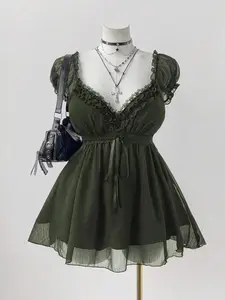 Plus Size Elegant Solid Color Lace Trim Blouse