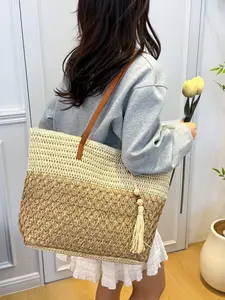 Vacation Style Patchwork Straw Tote Bag, Hollow Out Fringe Beach Bag, Versatile Woven Shoulder Bag for Commute and Casual Use