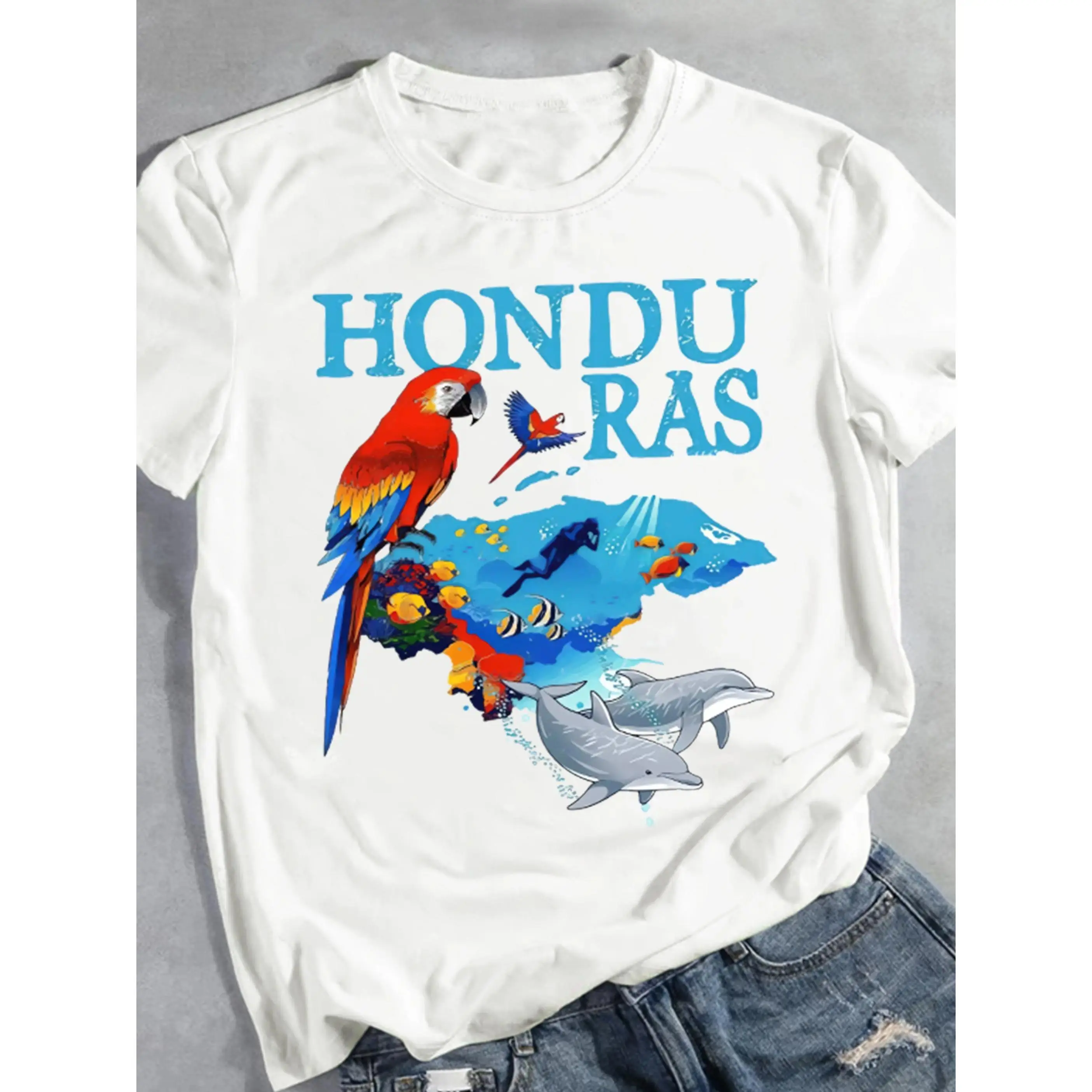 Chic Honduras Graphic T-Shirt for Women, 100% Cotton Regular Fit Streetwear Top, Lightweight Korean Style Holiday Women's Clothes