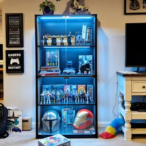 MIIFUNY Glass Display Cabinet with LED Lights, 4-Tier Curio Cabinet with 3 Color Lights for Collectibles, Trophy Display Case with Human Body Sensor, Glass Cabinet for Living Room, Bedroom, Home Office, Black