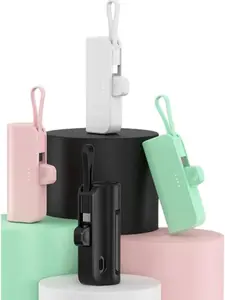 Dual Connector Power Bank 5000mAh Portable Travel Charger with Built-in Lightning & USB-C Connectors LED Indicator Mint Green Pink