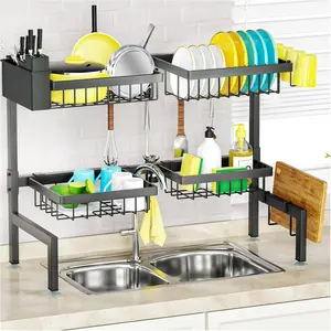 2-Tier Over The Sink Dish Drying Rack with 4 Baskets, 26.57"-35" Extensible Adjustable Large Kitchen Sink Rack, Space Saving for Kitchen