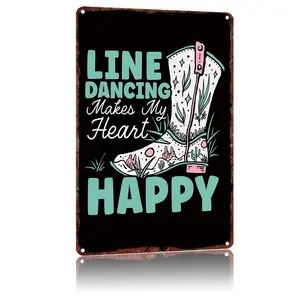 8x12 Inch 'Line Dancing Makes My Heart Happy' Metal Tin Sign - Retro Western Wall Decor for Dance Studios, Country Bars, Home Living Rooms, Line Dance Clubs - Vintage Aluminum Poster for Line Dancing Enthusiasts & Cowboy Boot Fans - Fun Gift for Dancers &