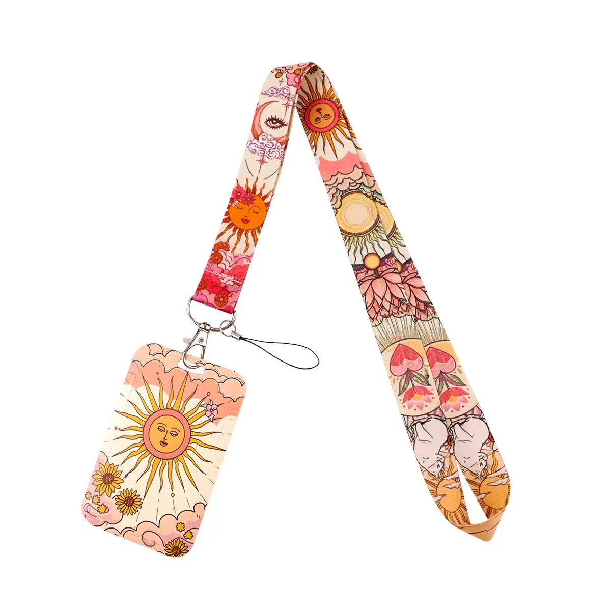 Vintage Sun Pattern Lanyard Keychain Kawaii ID Credit Card Cover Pass Mobile Phone Charm Women Neck Straps Badge Holder Key Holder Accessories Keychain Wrist Lanyard Keychain Decor Fashion Keychain Cute Keychain Accessory Aesthetic Keychain