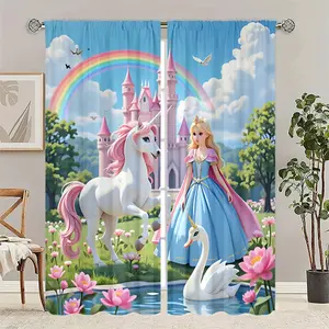 2pcs Princess Unicorn Fairy Tale Curtains, High-Definition Digital Print, Polyester Fiber Material, Dreamy Sky and Clouds Design
