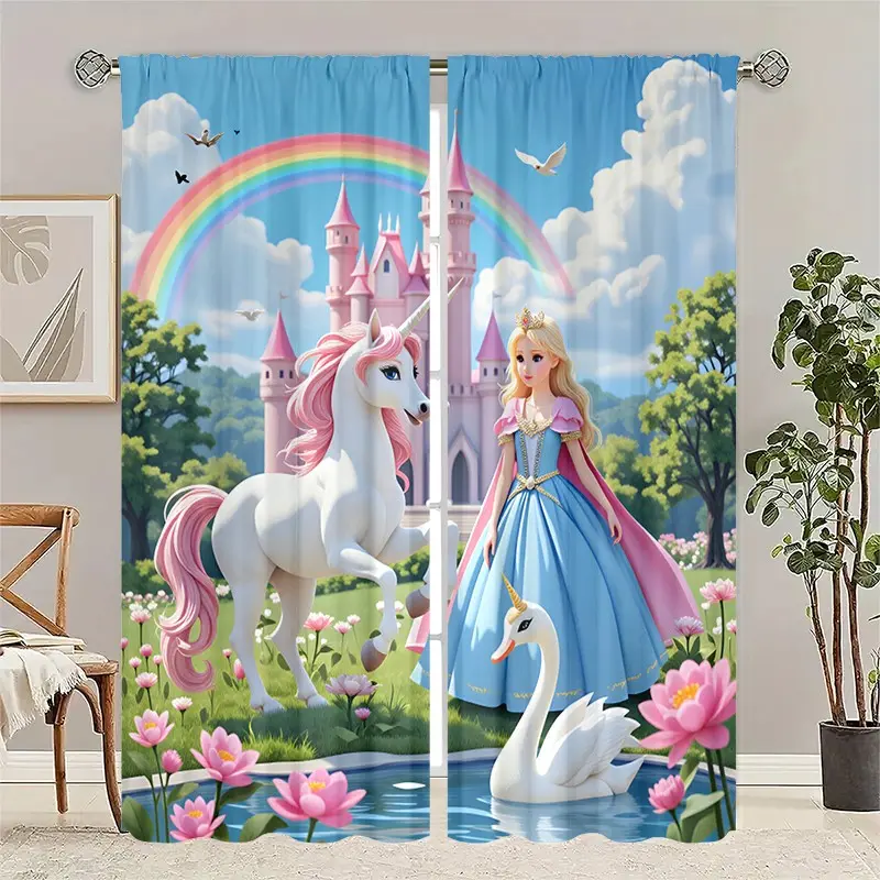 2pcs Princess Unicorn Fairy Tale Curtains, High-Definition Digital Print, Polyester Fiber Material, Dreamy Sky and Clouds Design, Home Decoration Curtain, Curtain for Windows, Window Curtain
