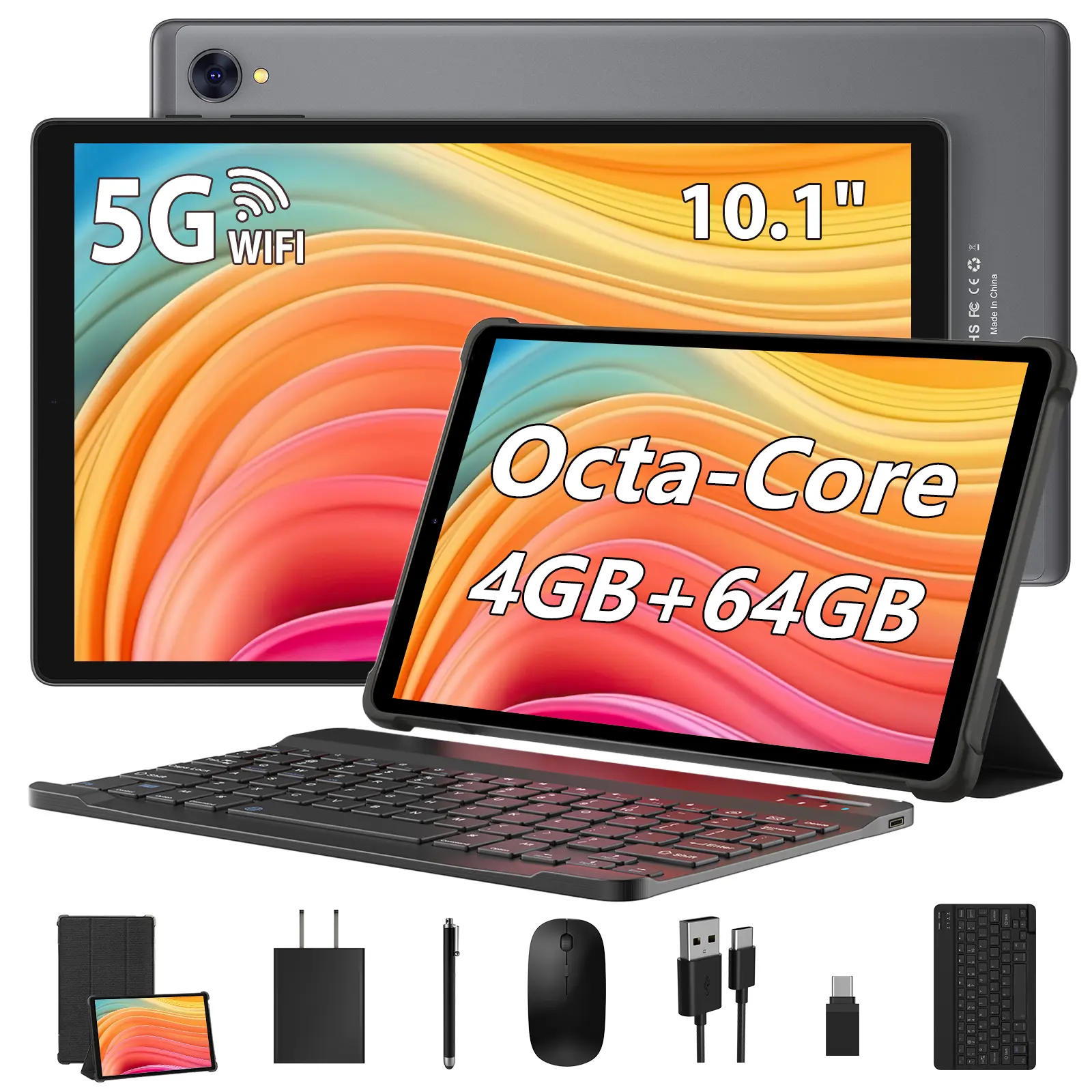 10.1-inch Android 13 Tablet Bundle, Mouse, Keyboard, Stylus, Case & Cable Included, 6GB Native RAM (Supporting 12GB Expand) + 128GB ROM, WiFi-Only Tablet, 8000mAh Battery, Dual Speakers, Ideal for Work, Study & Entertainment