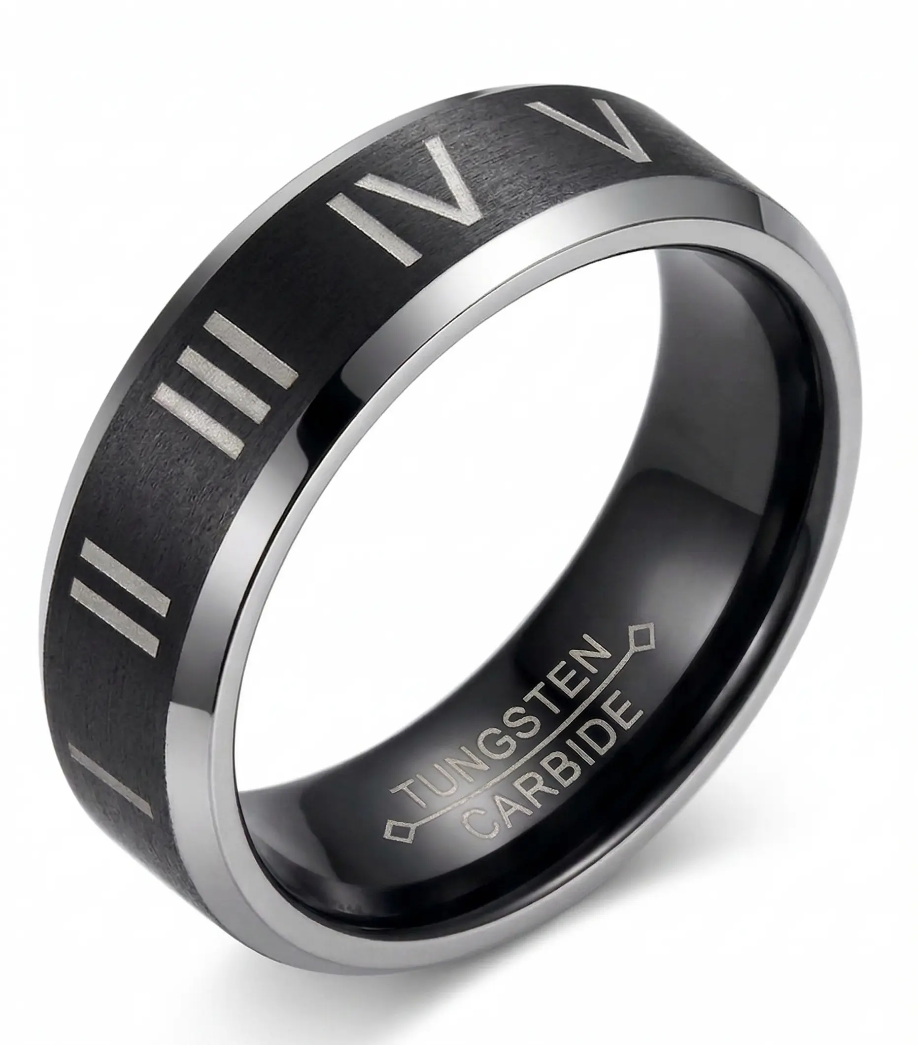 Male 8mm Bold Tungsten Carbide Roman Numeral Ring - Black Center Band with Polished Silver Beveled Edges, Scratch-Resistant Comfort Fit Wedding Band, Daily/Anniversary Jewelry Accessory