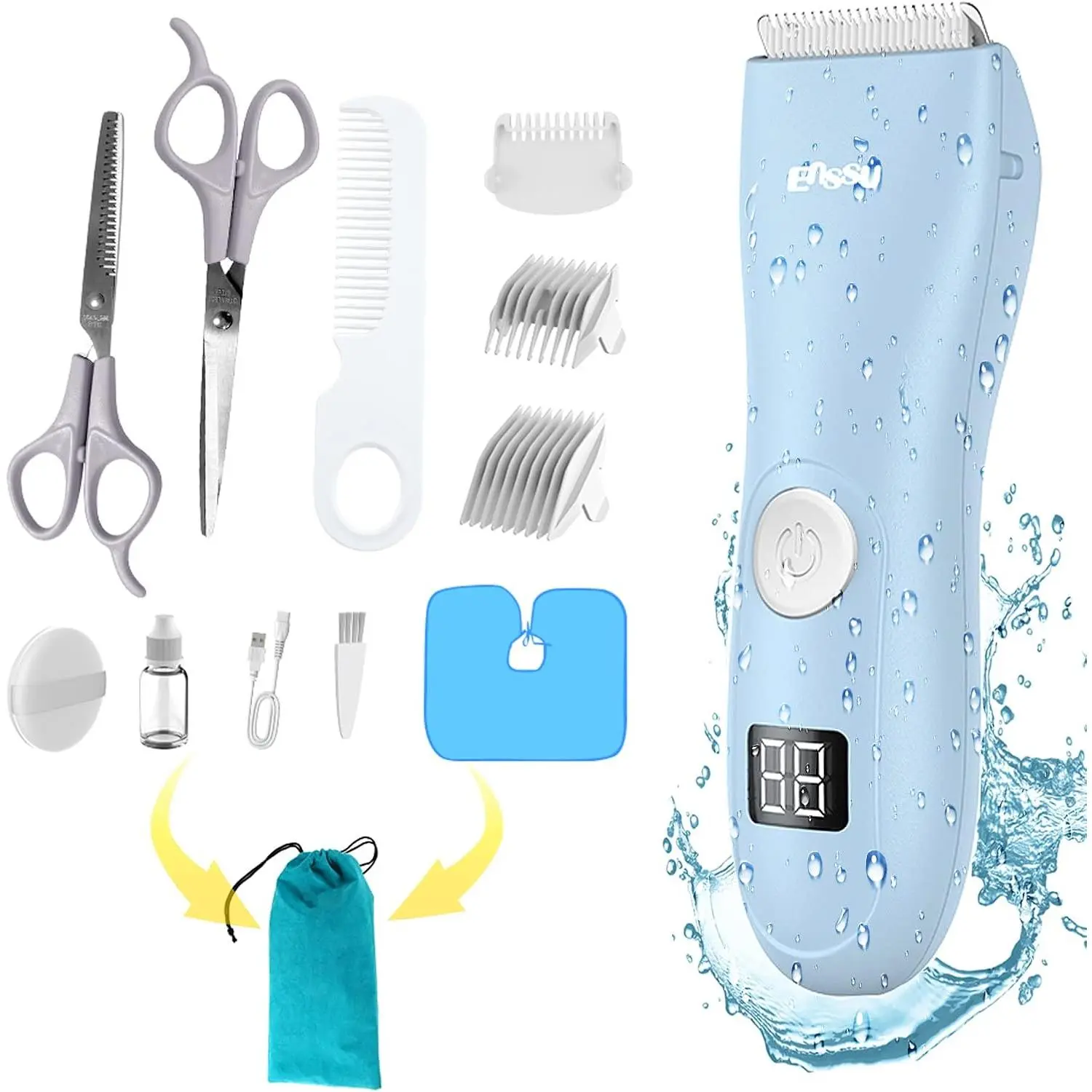 Hair Clippers Low Noise Hair Trimmer for Kids Waterproof USB Rechargeable Cordless Haircut Kit with LCD Display Blue