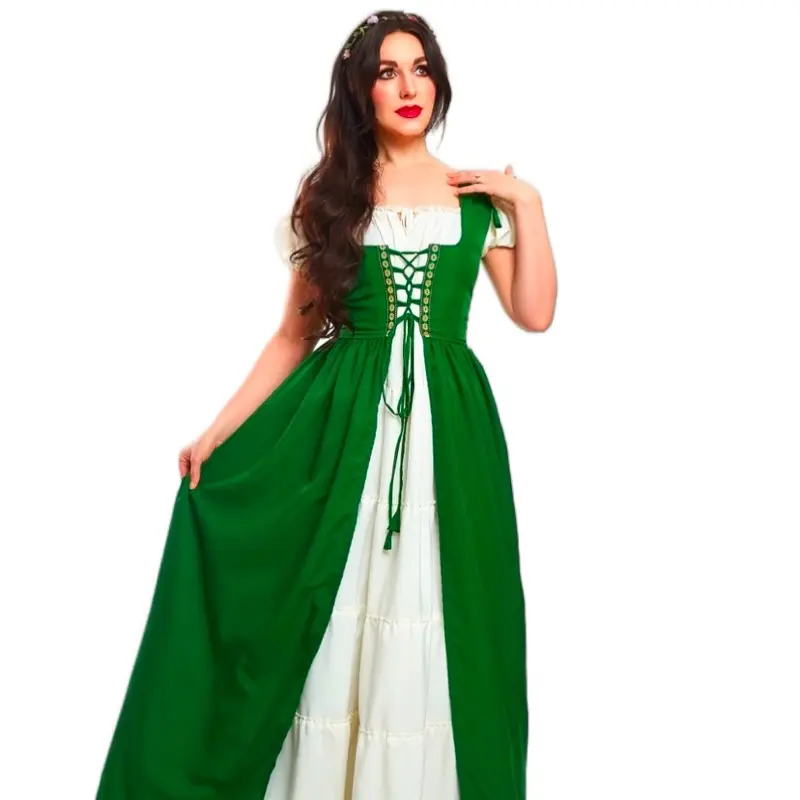 Reminisce Renaissance Faire Women's Boho Medieval Costume with Lace Detail, White Skirt, Adjustable Back Laces, Fully Fitted Polycrepe Dress